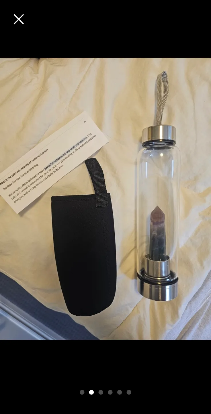 NEW GIFTABLE Crystal Infused Glass Water Bottle Rainbow Fluorite image indicator(2)