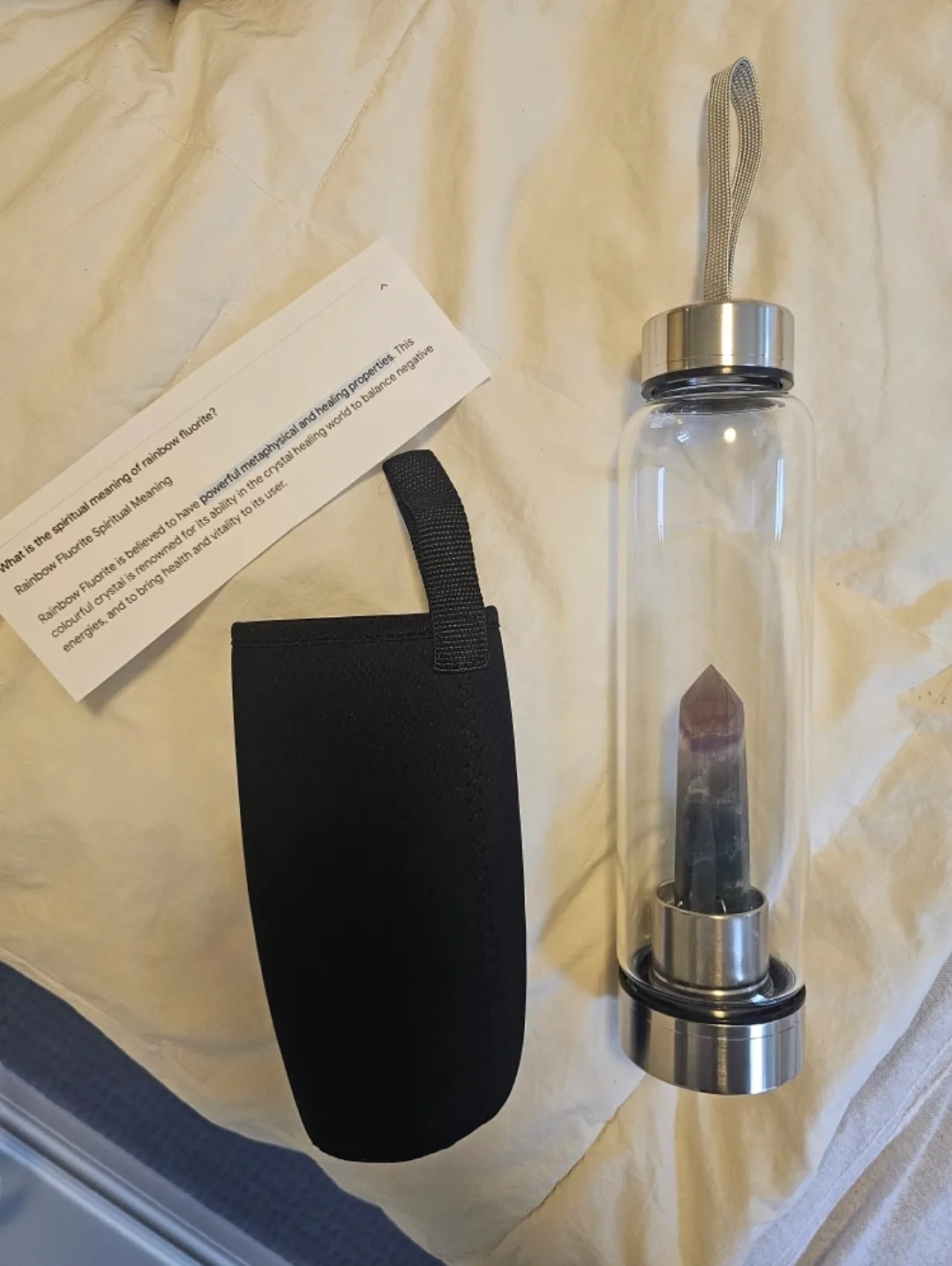 NEW GIFTABLE Crystal Infused Glass Water Bottle Rainbow Fluorite image indicator(3)