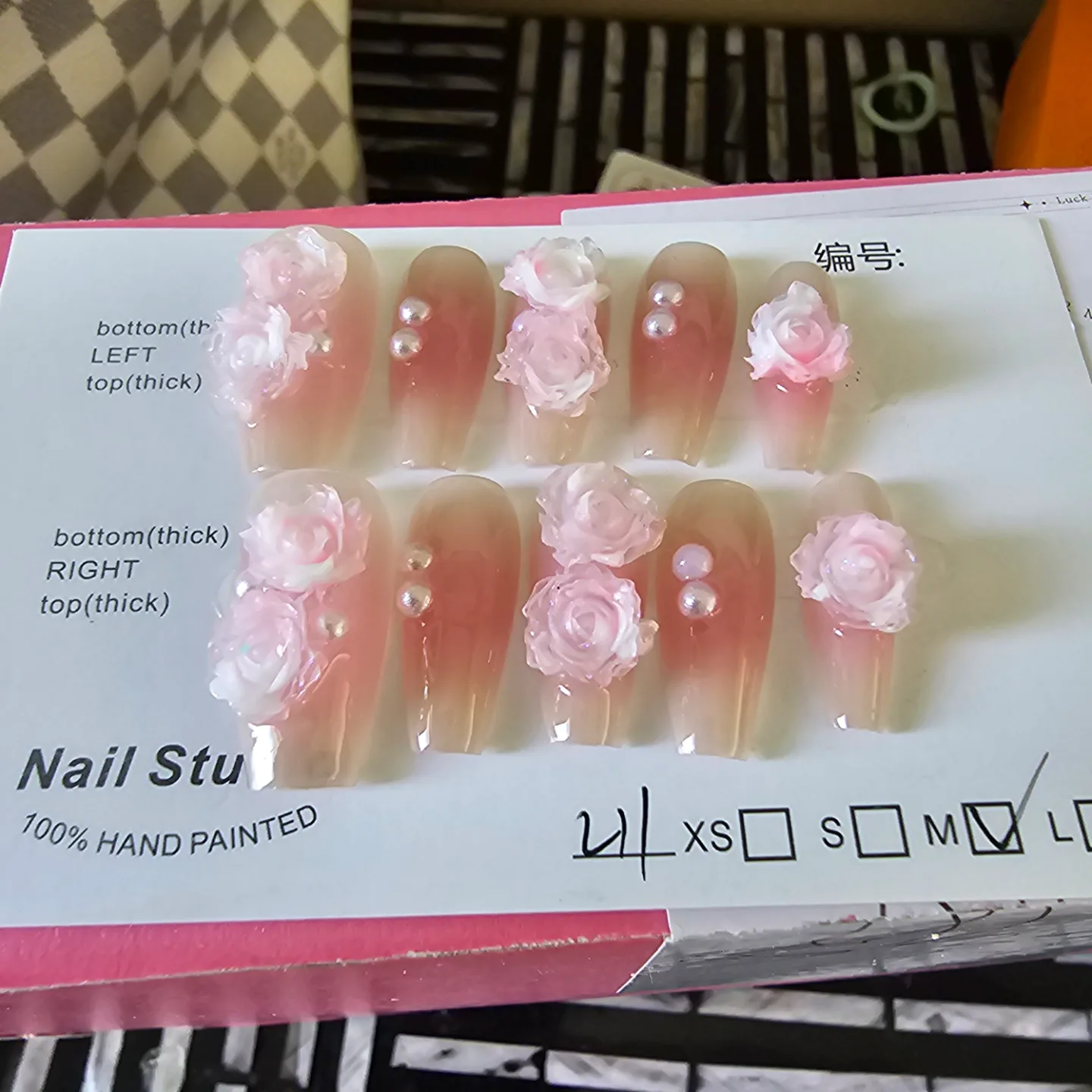 Hand-painted Nail Tips with Rose and Pearl Decor thumbnail