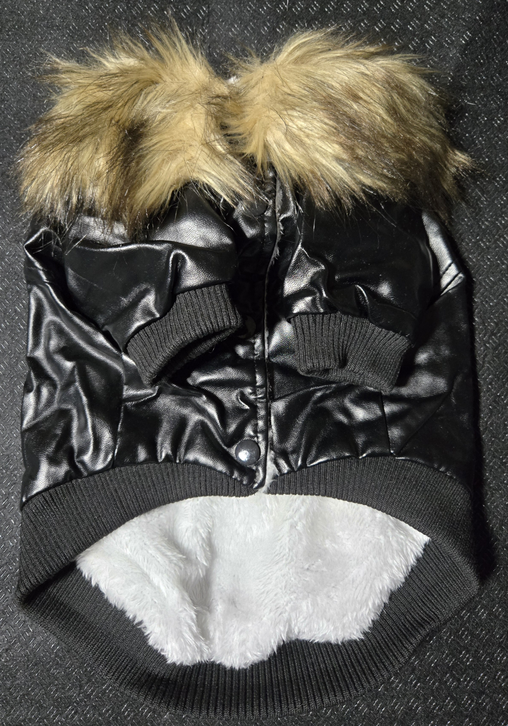 Black Faux Leather Dog Jacket with Fur Trim - Size XL