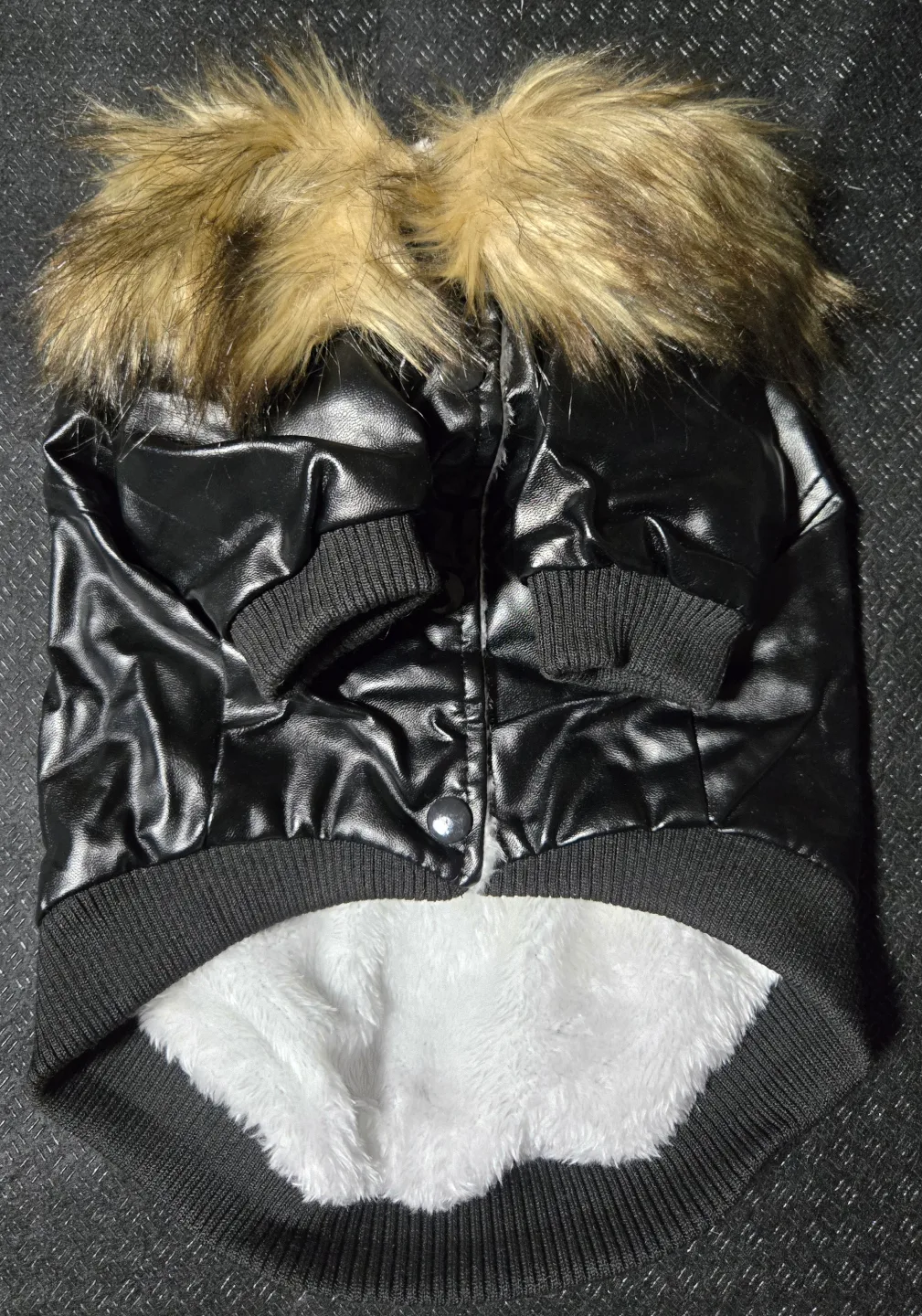 Black Faux Leather Dog Jacket with Fur Trim - Size L and XL thumbnail