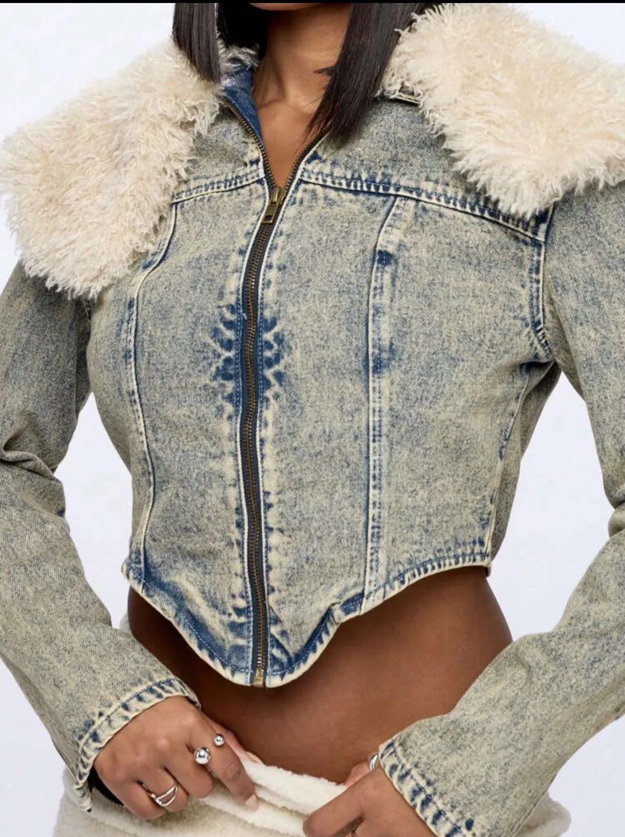 Woman denim and fur jacket thumbnail