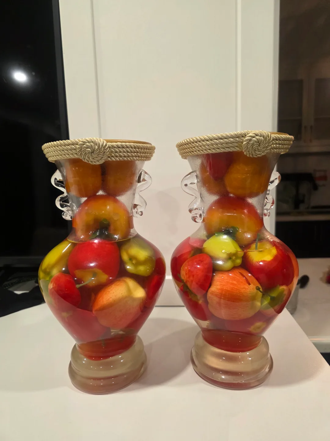 Pair of Decorative Glass Vases with Fruit thumbnail