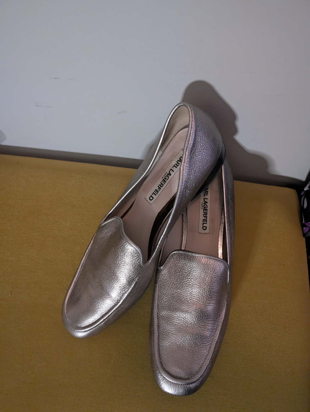 Karl Lagerfeld gold loafers