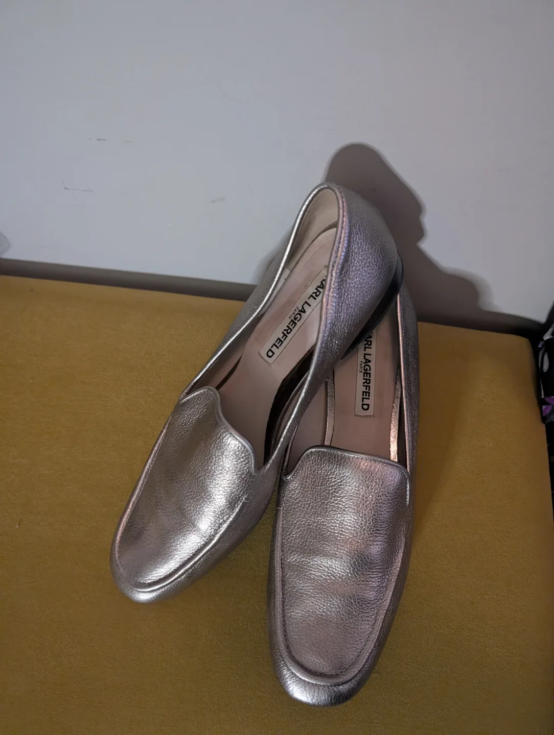 Karl Lagerfeld gold loafers thumbnail