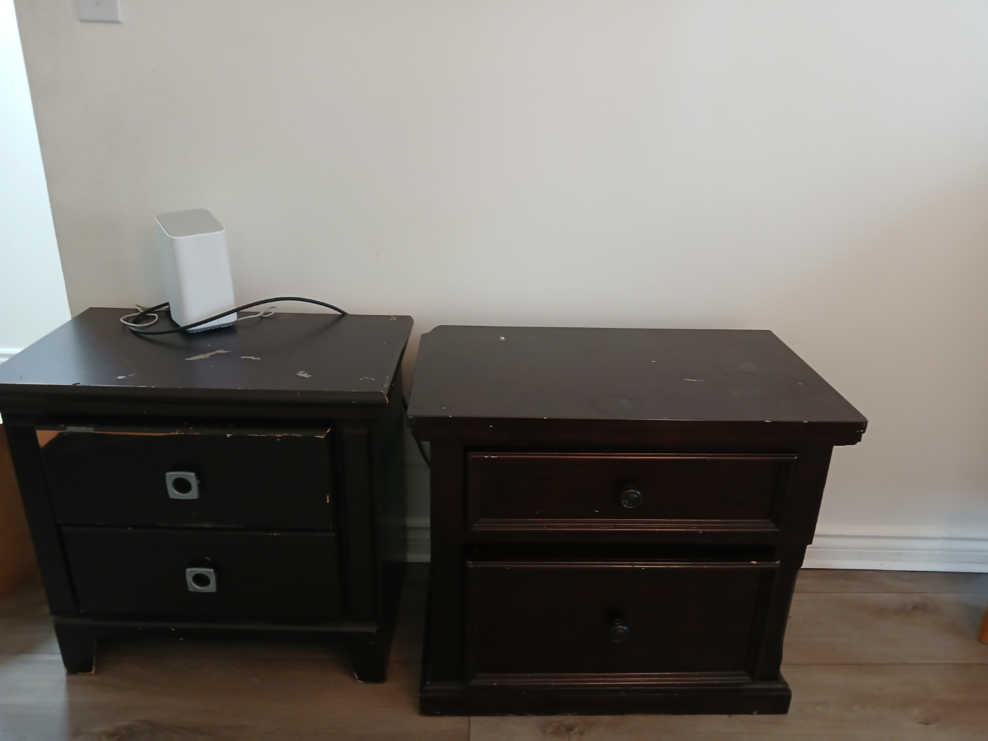 Two Dark Brown Wooden Nightstands