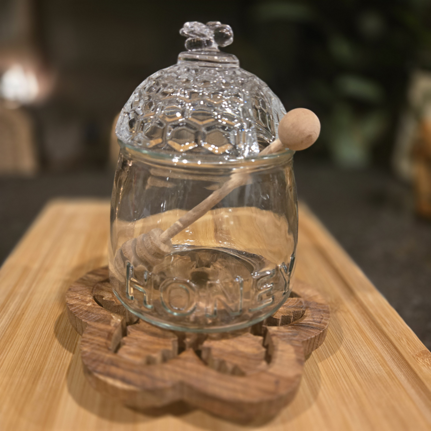 Glass Honey Pot with Beehive Lid and Honey Dipper