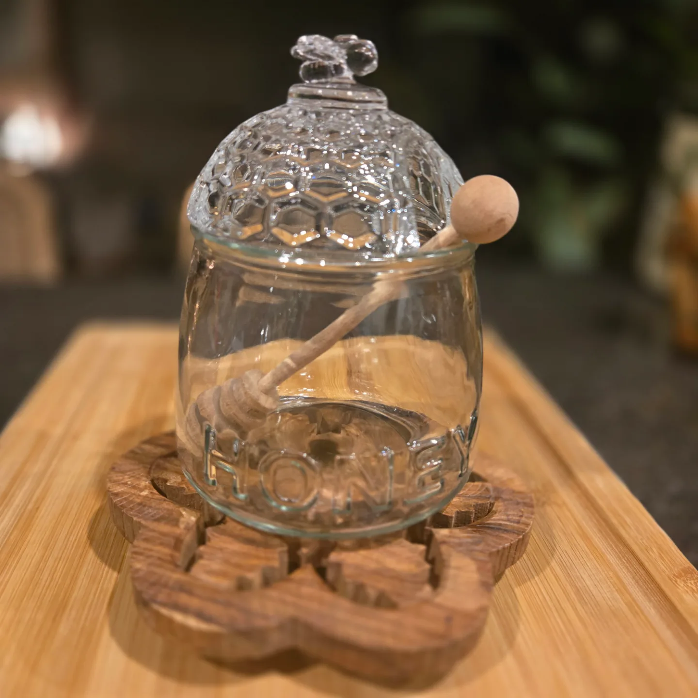 Glass Honey Pot with Beehive Lid and Honey Dipper thumbnail