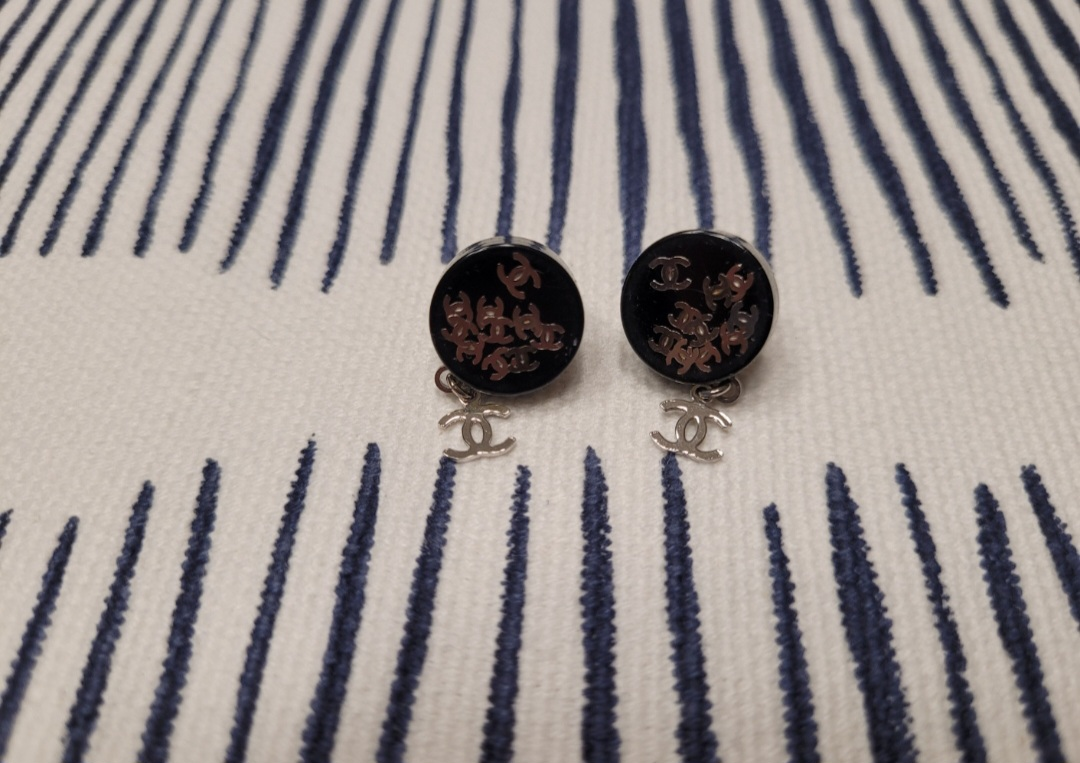 Chanel Black Resin Stud Earrings with CC Charm