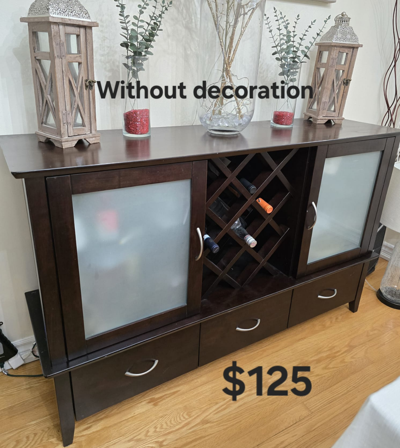 Dark Brown Wooden Wine Cabinet with Frosted Glass Doors