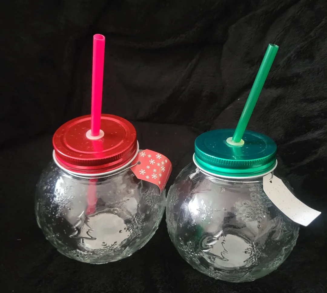 Set of 2 Glass Mason Jar Mugs with Lids and Straws thumbnail