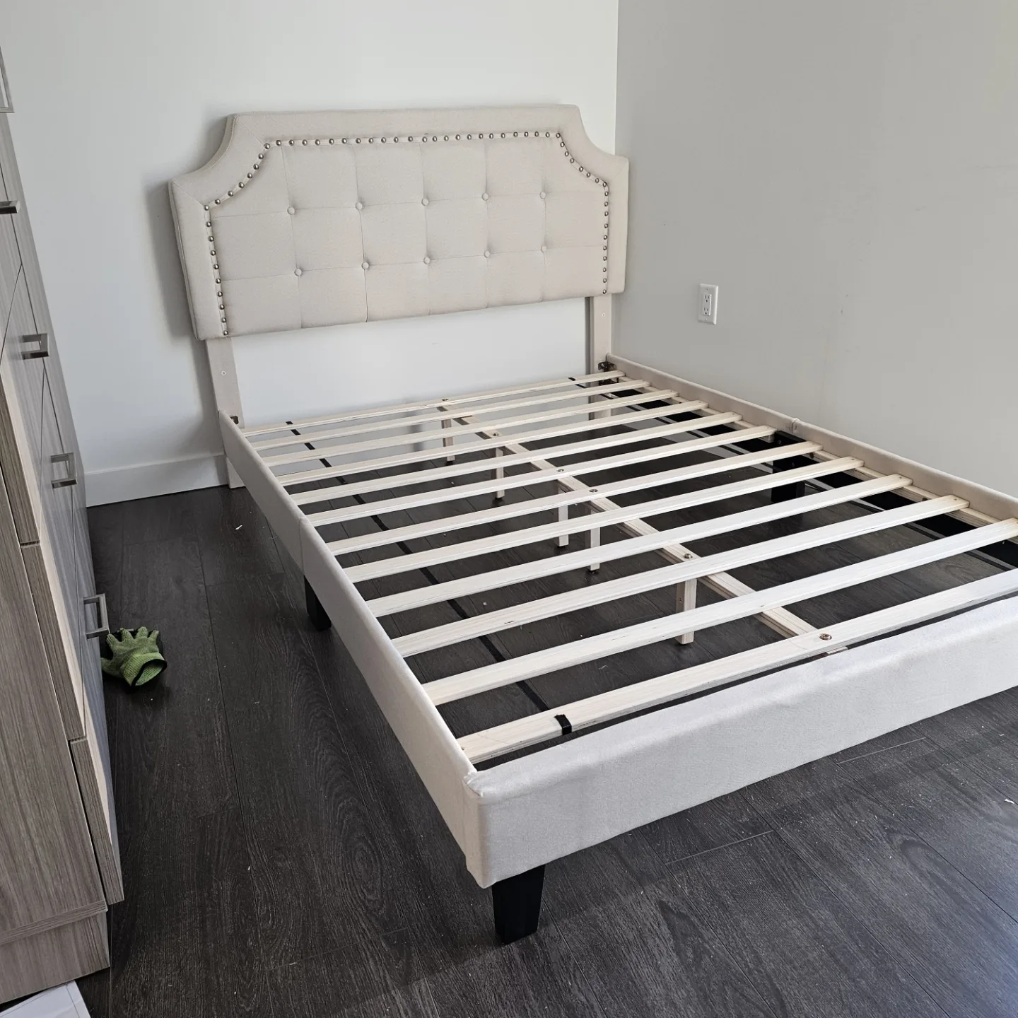 Stylish Grey Linen Bed Frame with Headboard – On Sale thumbnail
