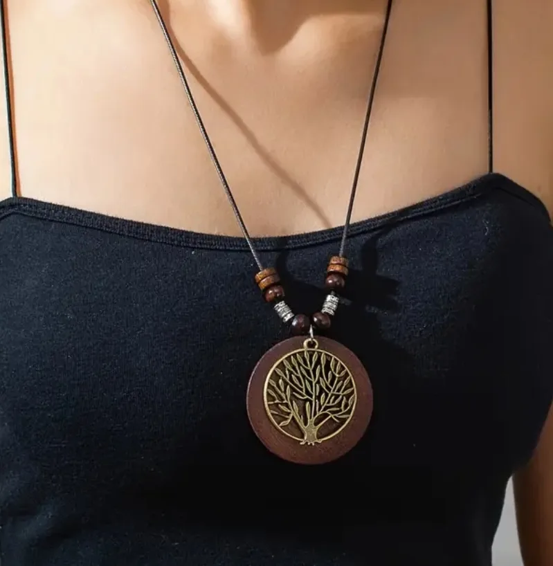 Bohemian Tree of Life Necklace, Wooden Pendant, 80cm thumbnail