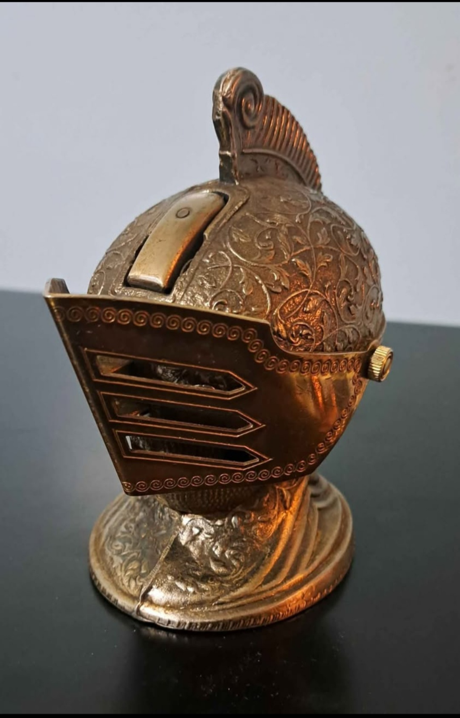 Vintage Medieval Knight Helmet Tabletop Lighter Brass Metal