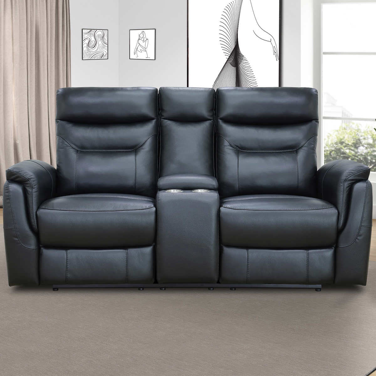 Black Leather Reclining Loveseat with Console