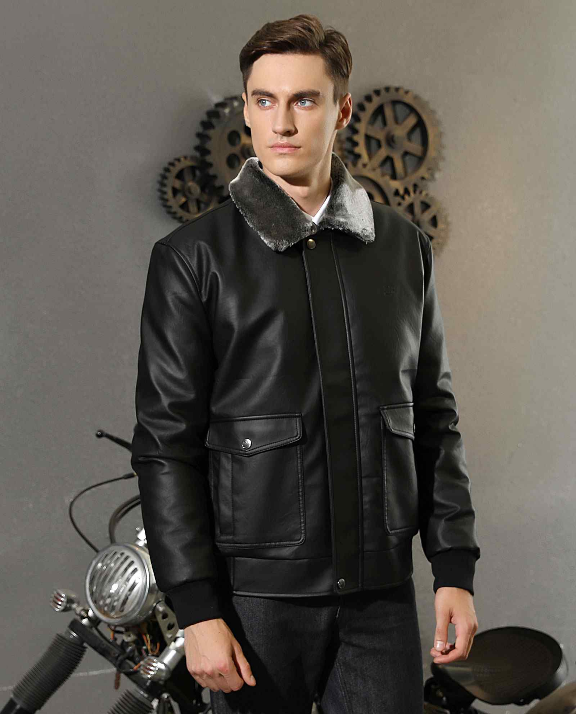 Men's Black Faux Leather Jacket with Grey Fur Collar