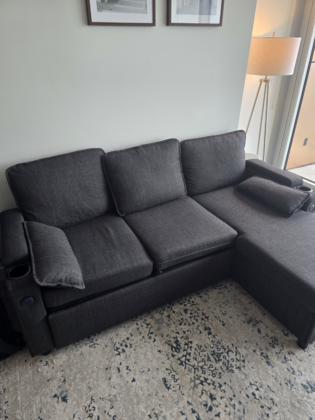Dark Grey L-Shaped Sectional Sofa with pull out bed