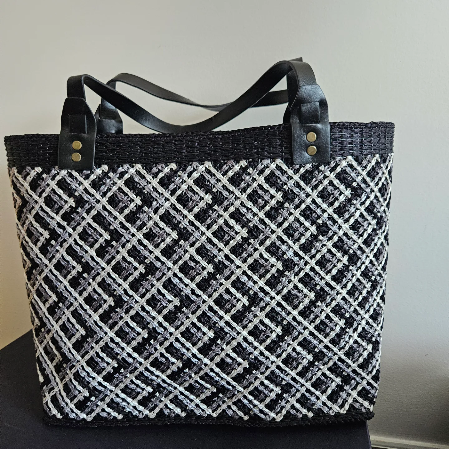 One of a kind knitted Black Tote Bag -  and White Woven thumbnail