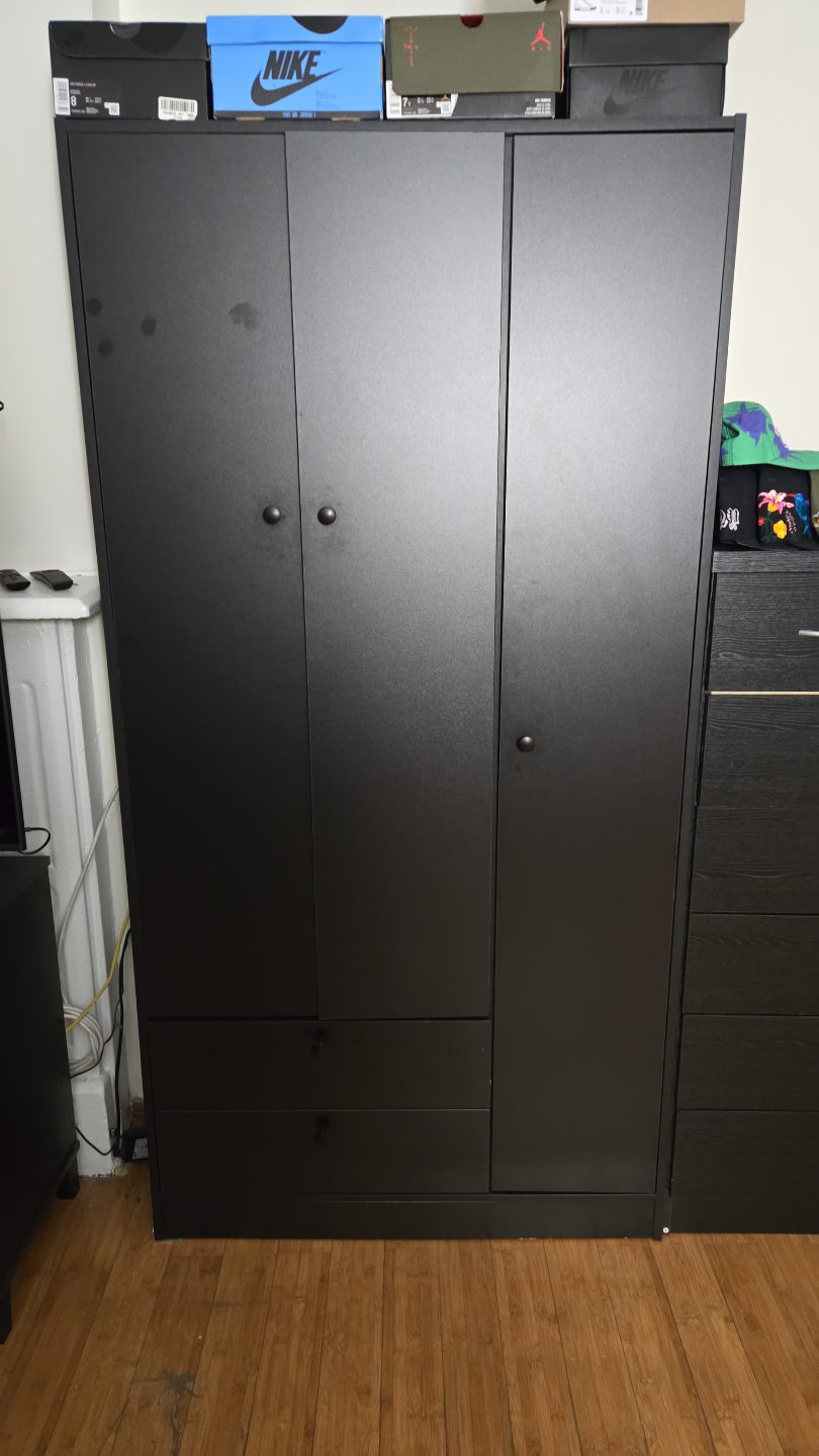 Black Wardrobe Armoire with Three Doors and Two Drawers