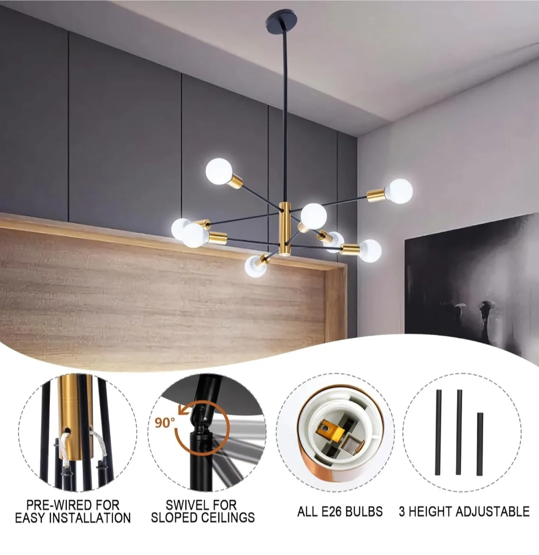 8-Light Sputnik Chandelier, Black and Gold, Height Adjustable thumbnail