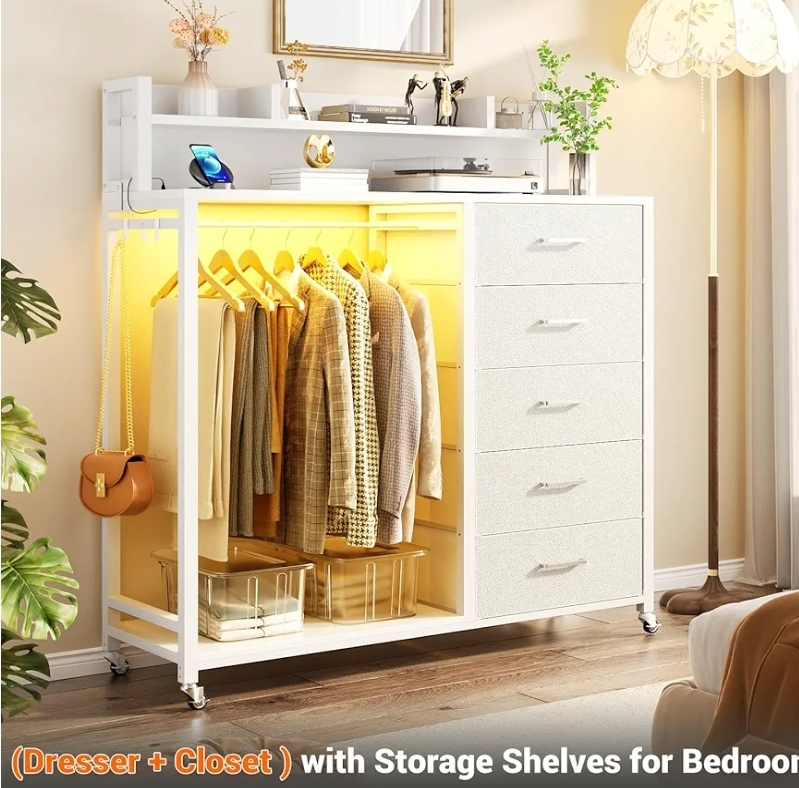 White 5-Drawer Dresser with Clothes Rack & Shelves