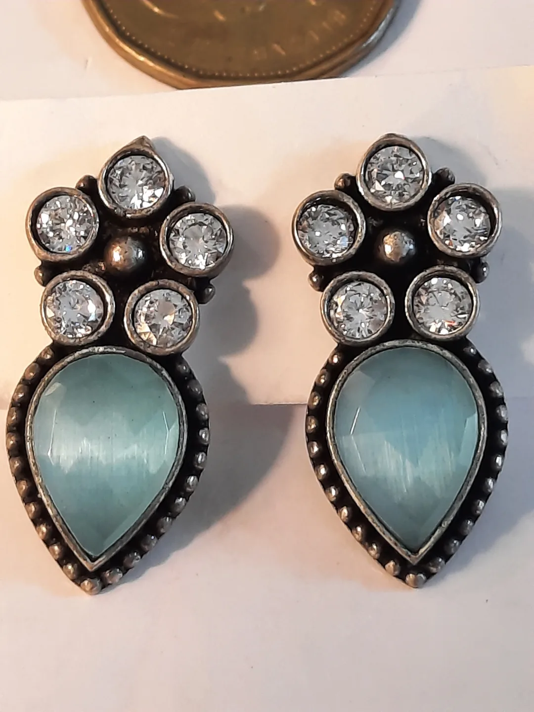 Teardrop Earrings silver filled with blue and white stones thumbnail