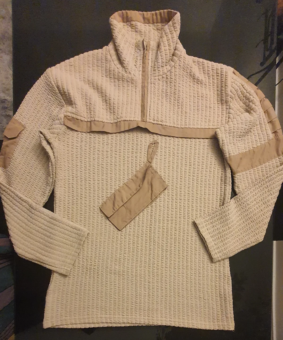 Beige Waffle Knit Mock Neck Sweater with Zipper and Pocket thumbnail