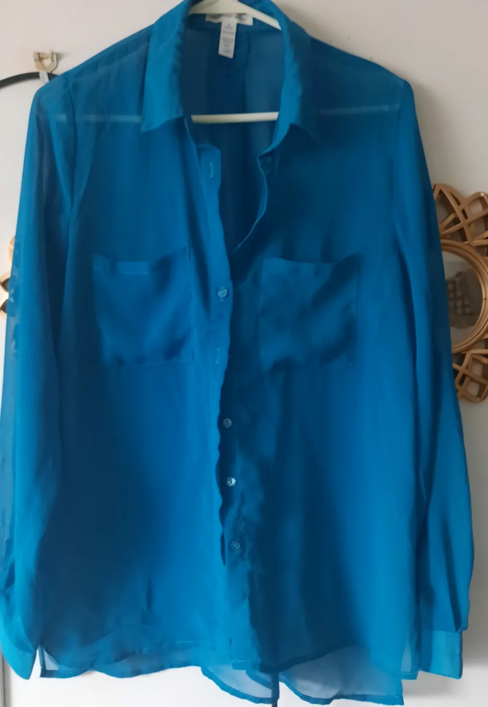 Women's Teal Blue Sheer Button-Down Blouse