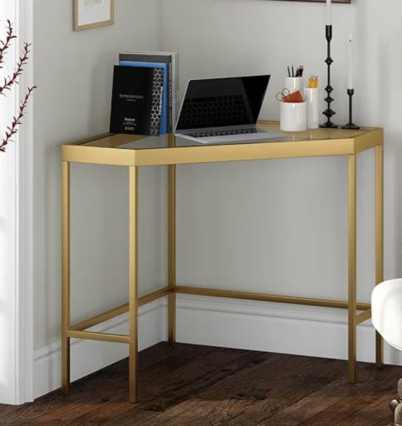 Gold Metal & Glass Top Corner Desk - perfect for condos