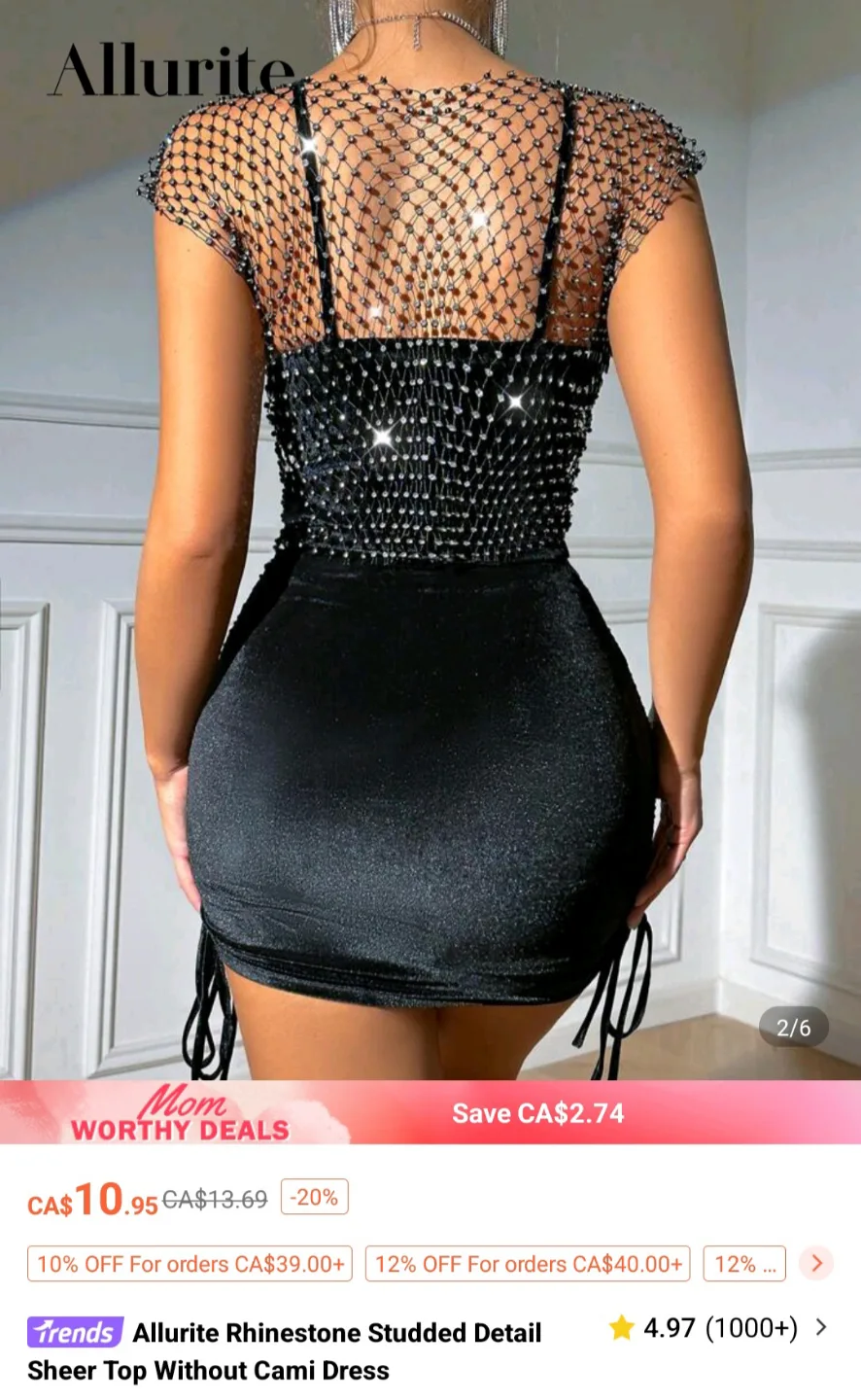 Allurite Rhinestone Studded Detail Sheer Top Without Cami Dress image indicator(3)