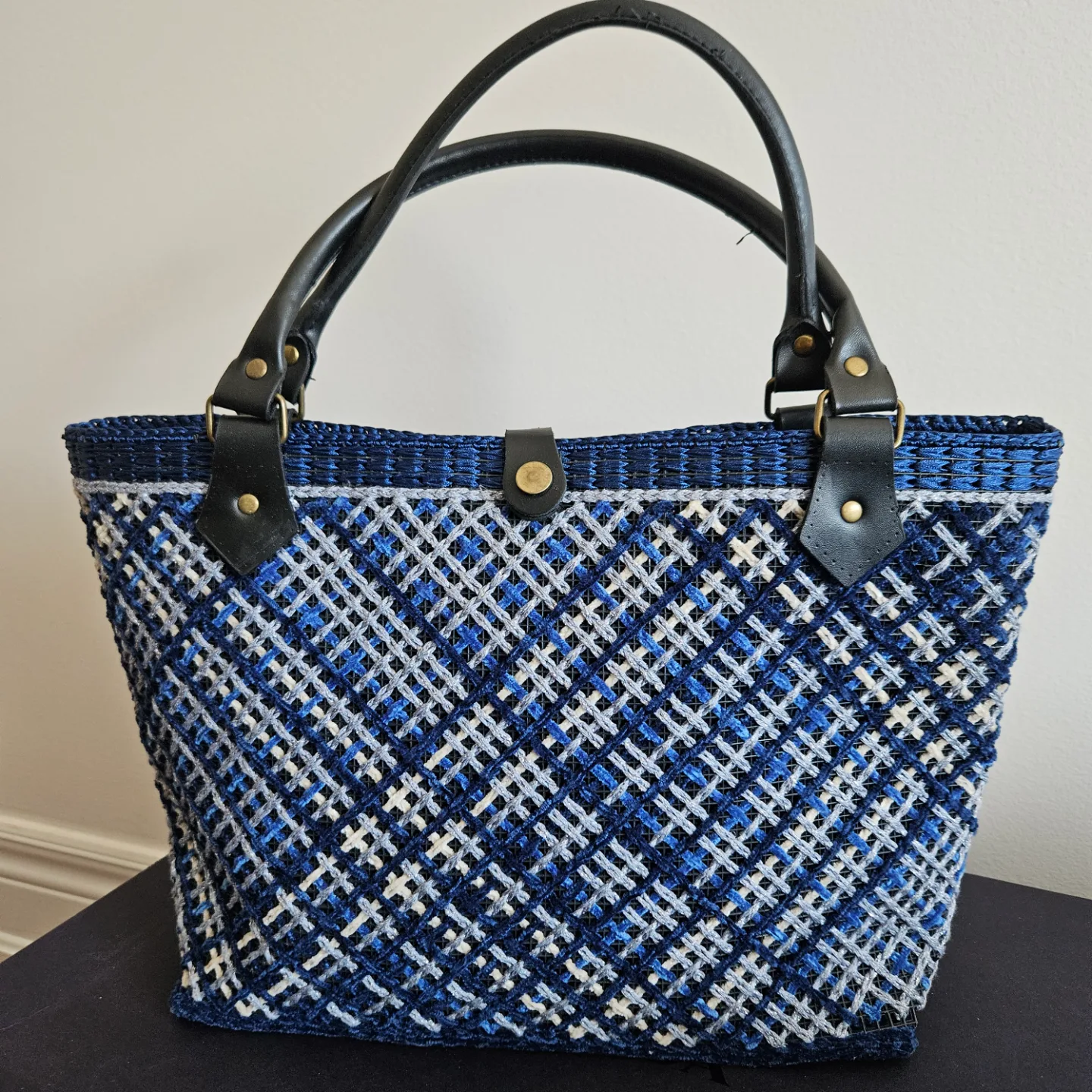one of a kind knitted Blue and Grey Woven Tote Bag thumbnail