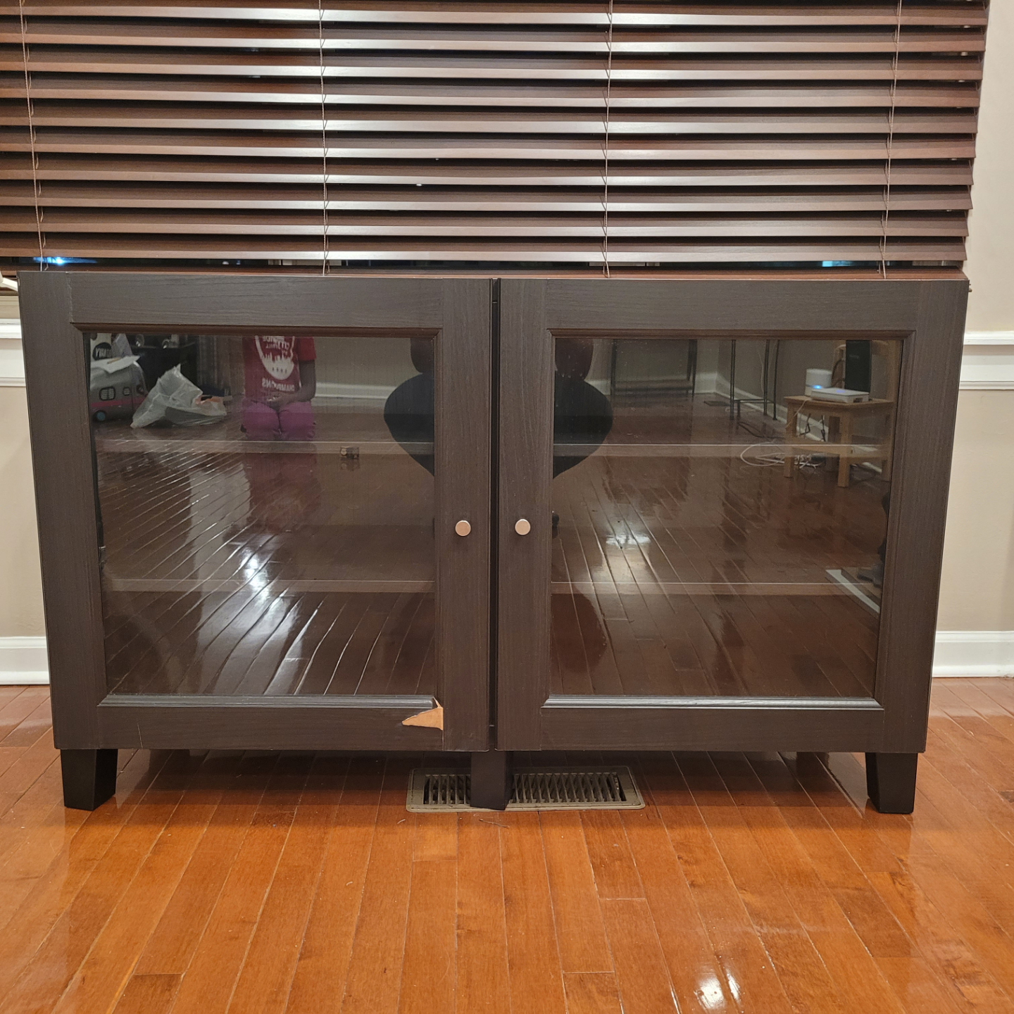Dark Brown Wooden Media Cabinet with Glass Doors