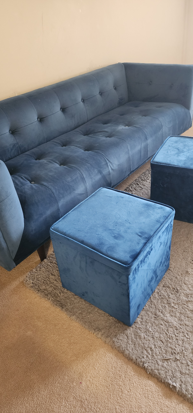 Blue Velvet Sofa and Two Ottomans