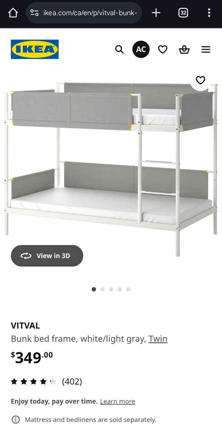 IKEA VITVAL Twin Bunk Bed Frame - White/Light Grey - photo 2