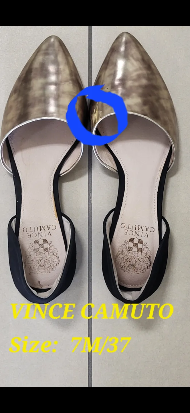 Vince Camuto Women's Size 7M/37 Black and Gold Pointed-Toe Flats image indicator(8)