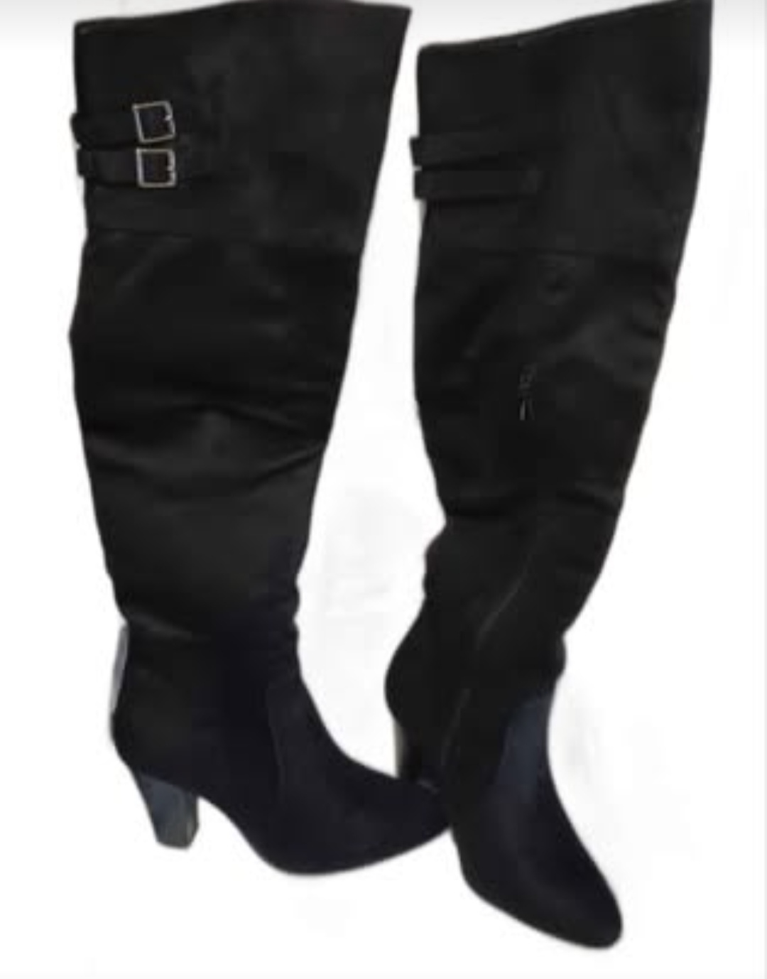 Black Suede Over-the-Knee Boots with Buckle Detail