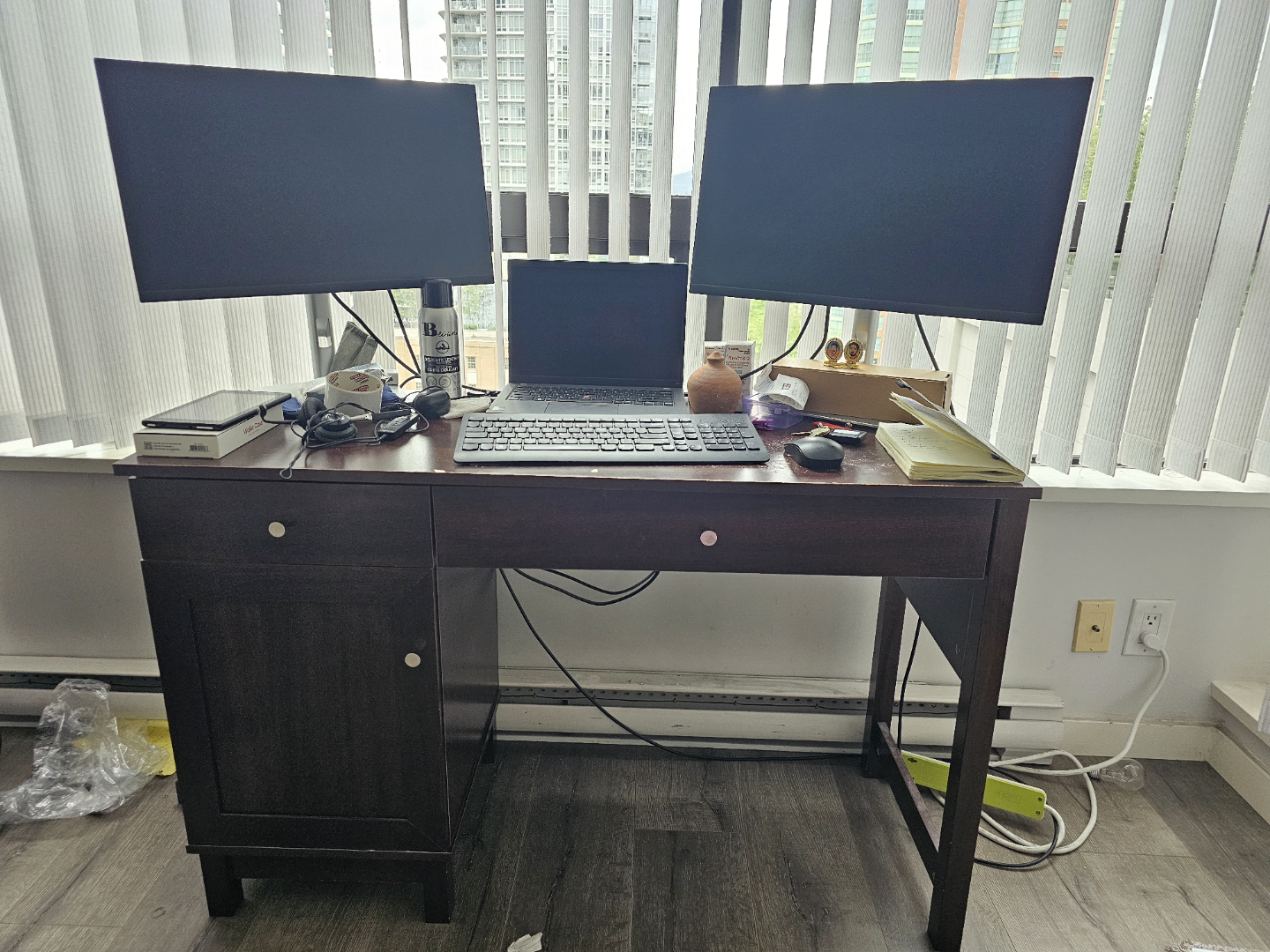 Dark brown computer desk with filing cabinet
