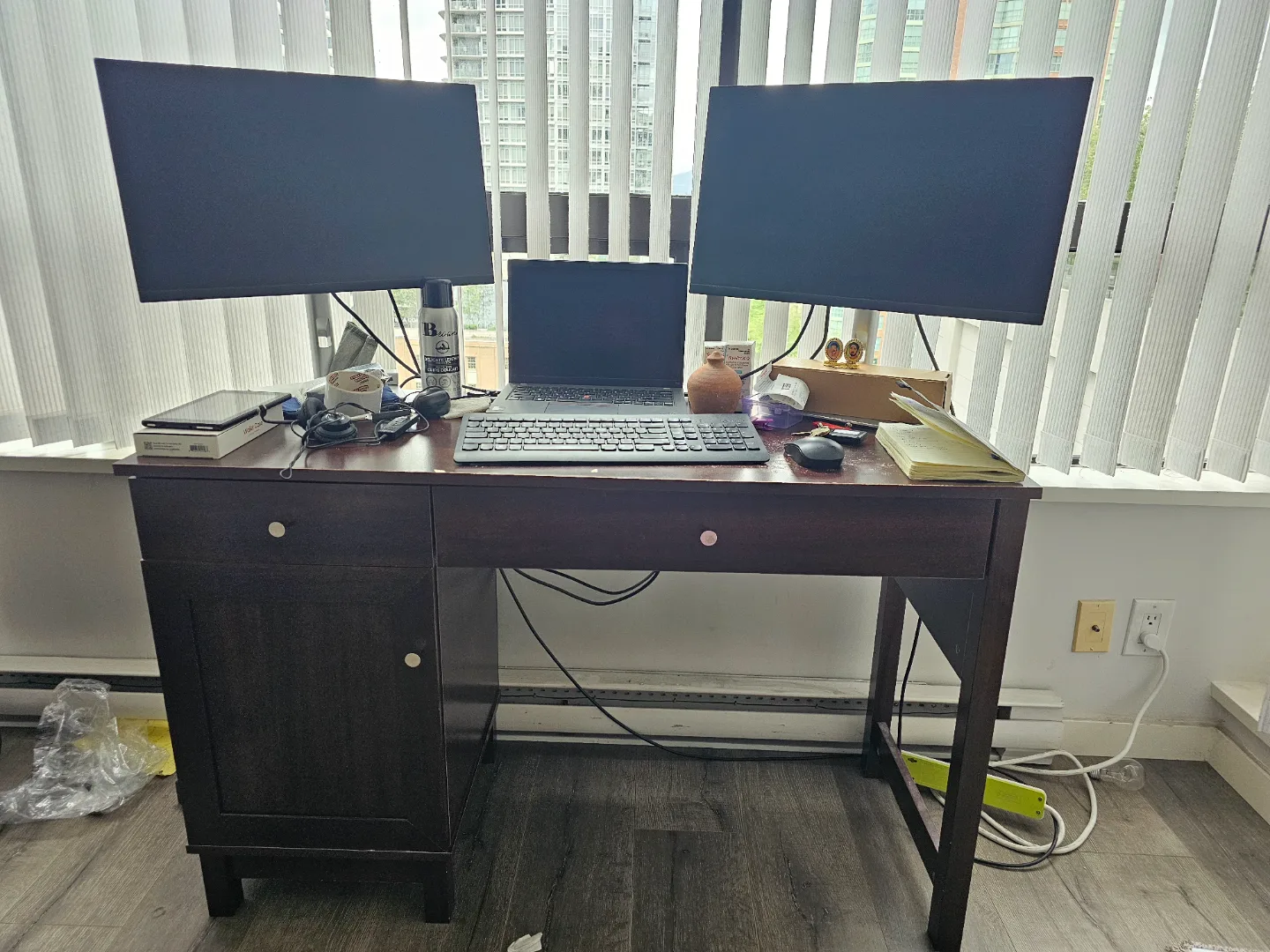 Dark brown computer desk with filing cabinet thumbnail