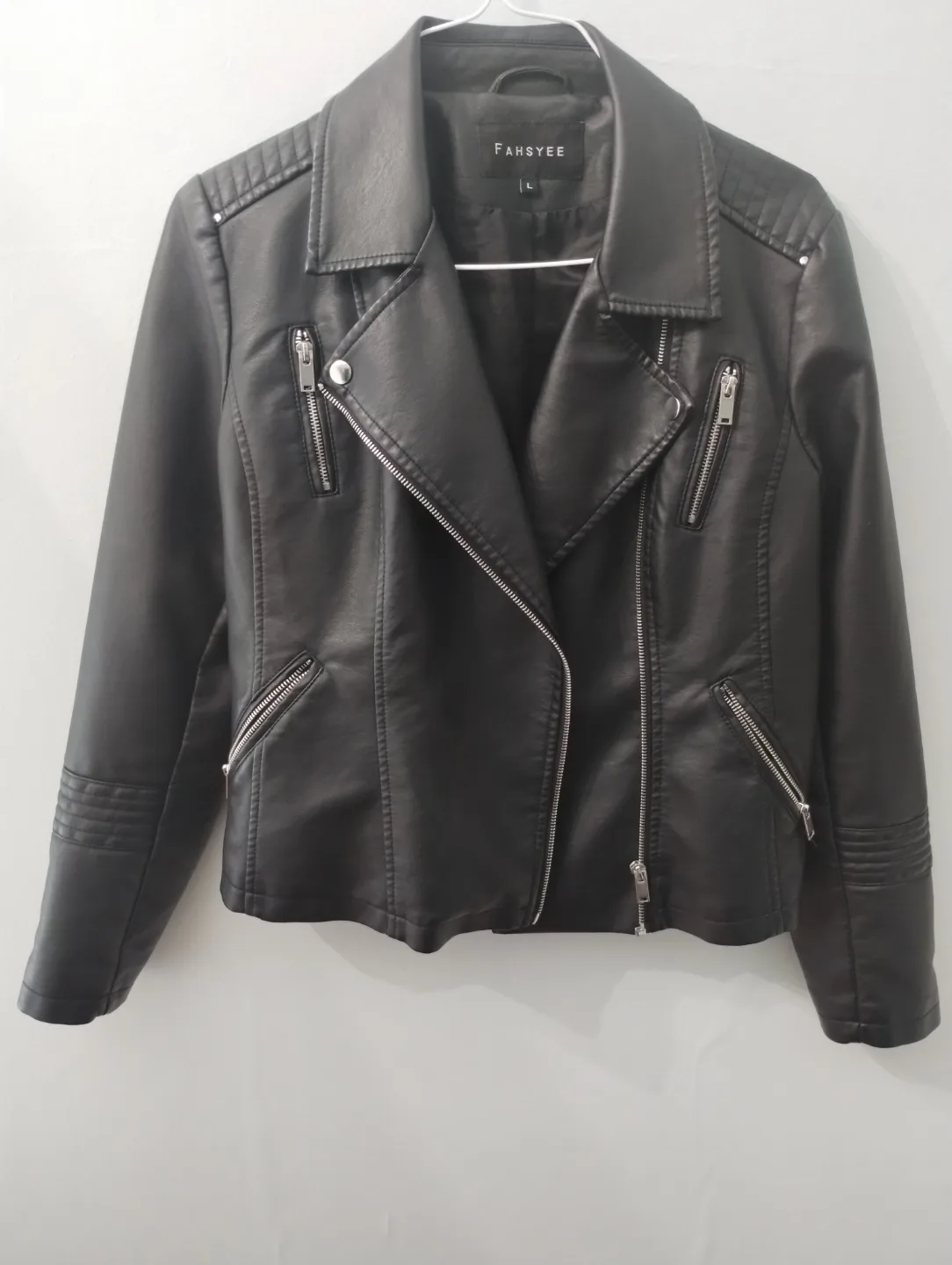 FAHSYEE Black Faux Leather Moto Jacket Size Large thumbnail