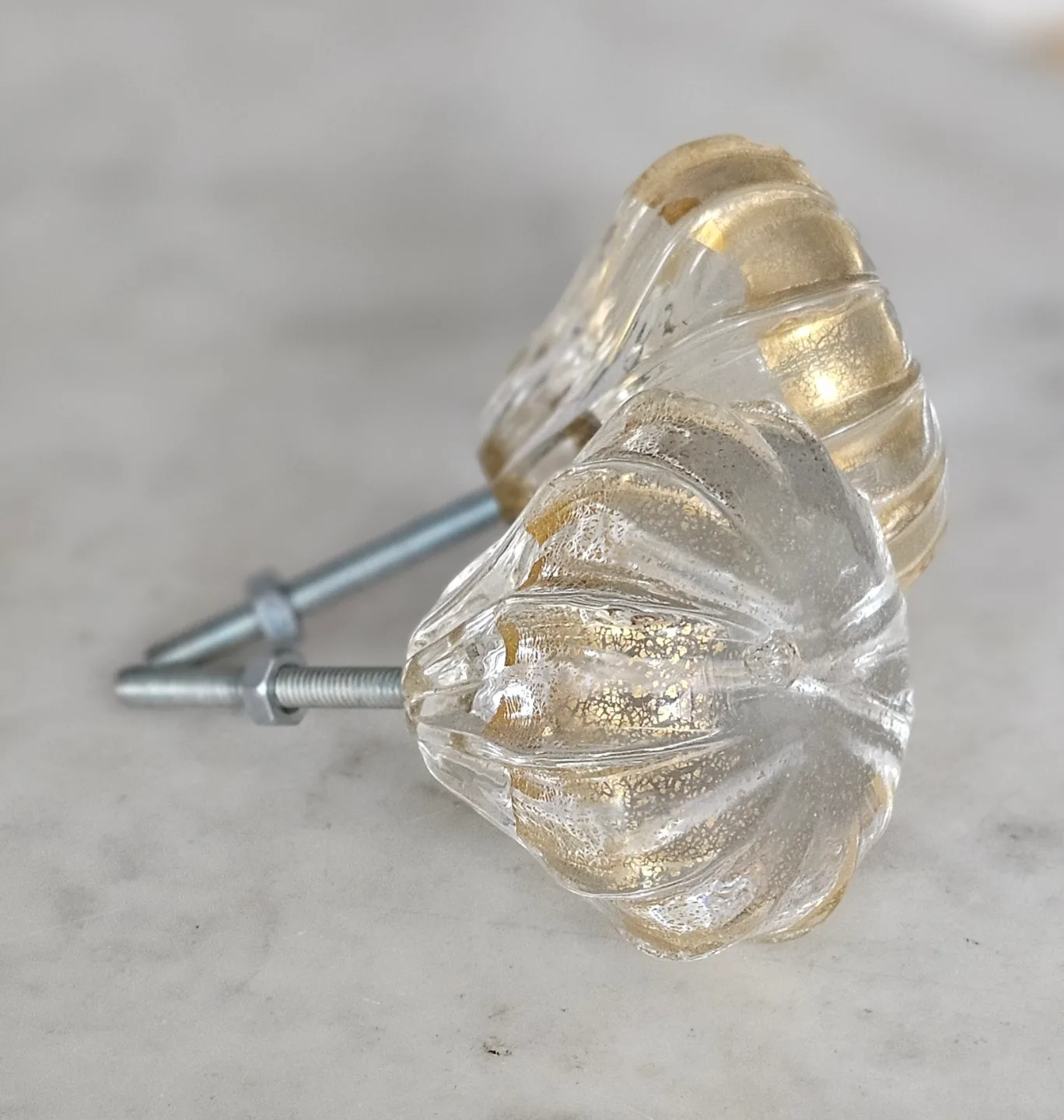 Vintage Pair of Clear Fluted Glass Knobs with Gold Leaf Speckles image indicator(3)