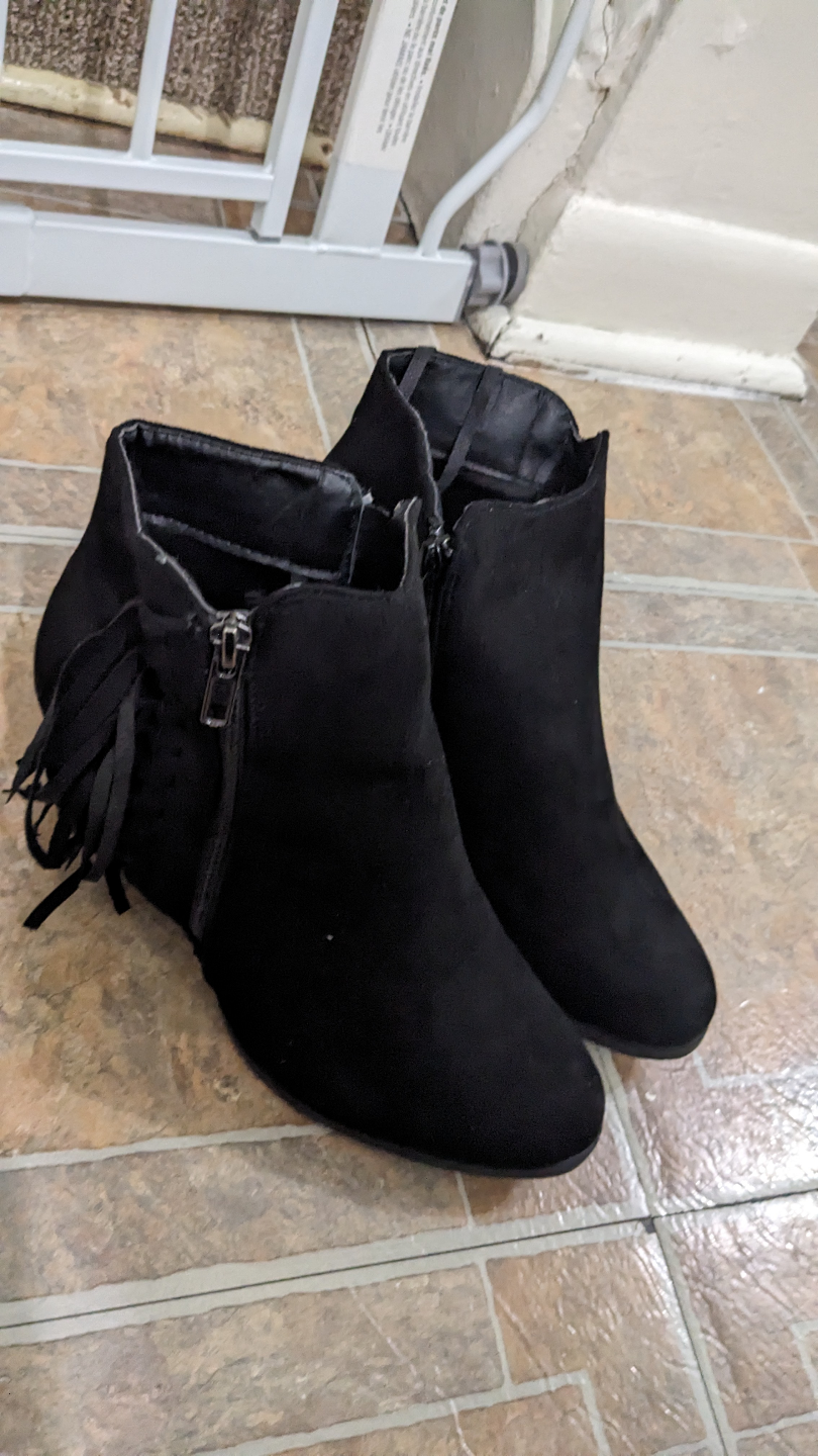 Black Suede Ankle Boots with Fringe Detail