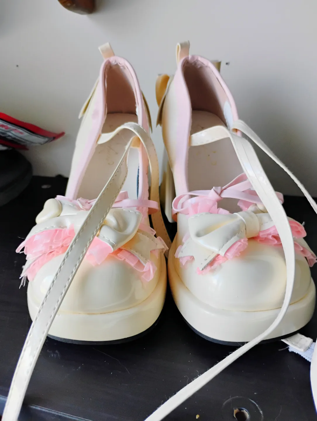 Cream Lolita Platform Heels with Pink Bow thumbnail