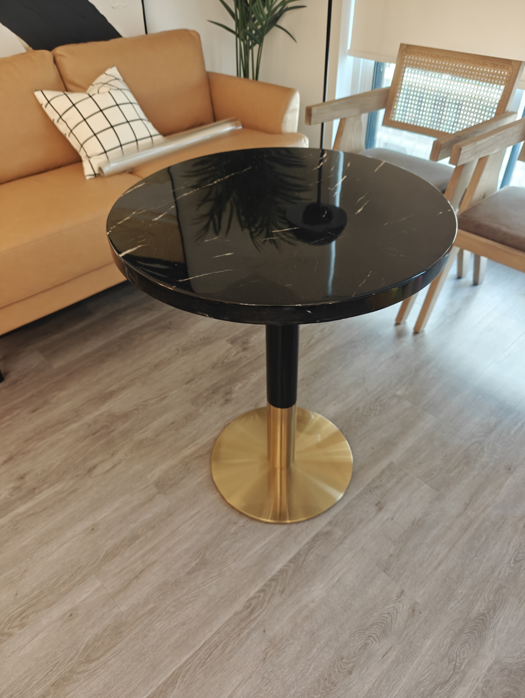 Round Marble-Top Dining Table with Gold Base