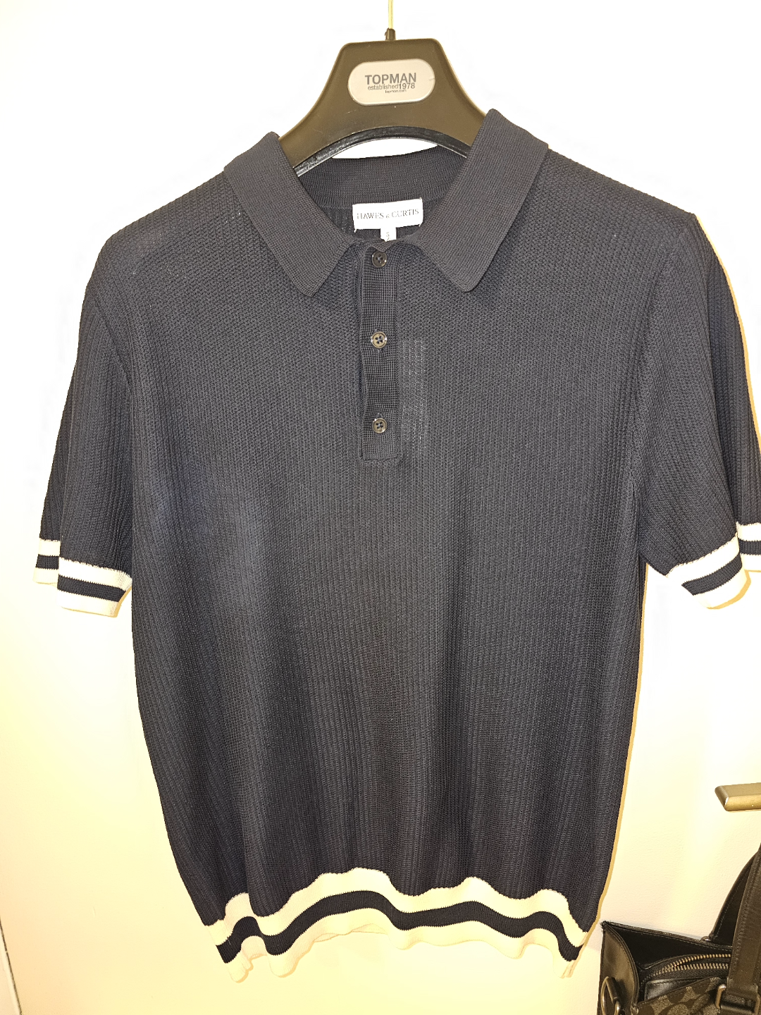 Hawes&Curtis Navy Tipped Textured Rib Knitted Cotton Polo Shirt - photo 2