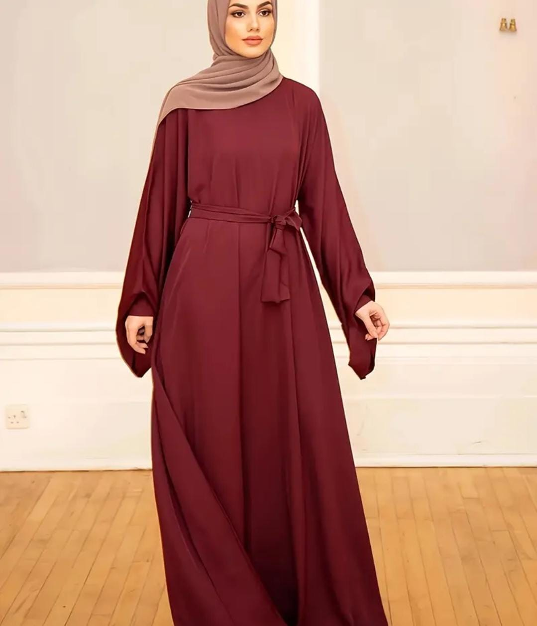 Burgundy Abaya Maxi Dress with Belt