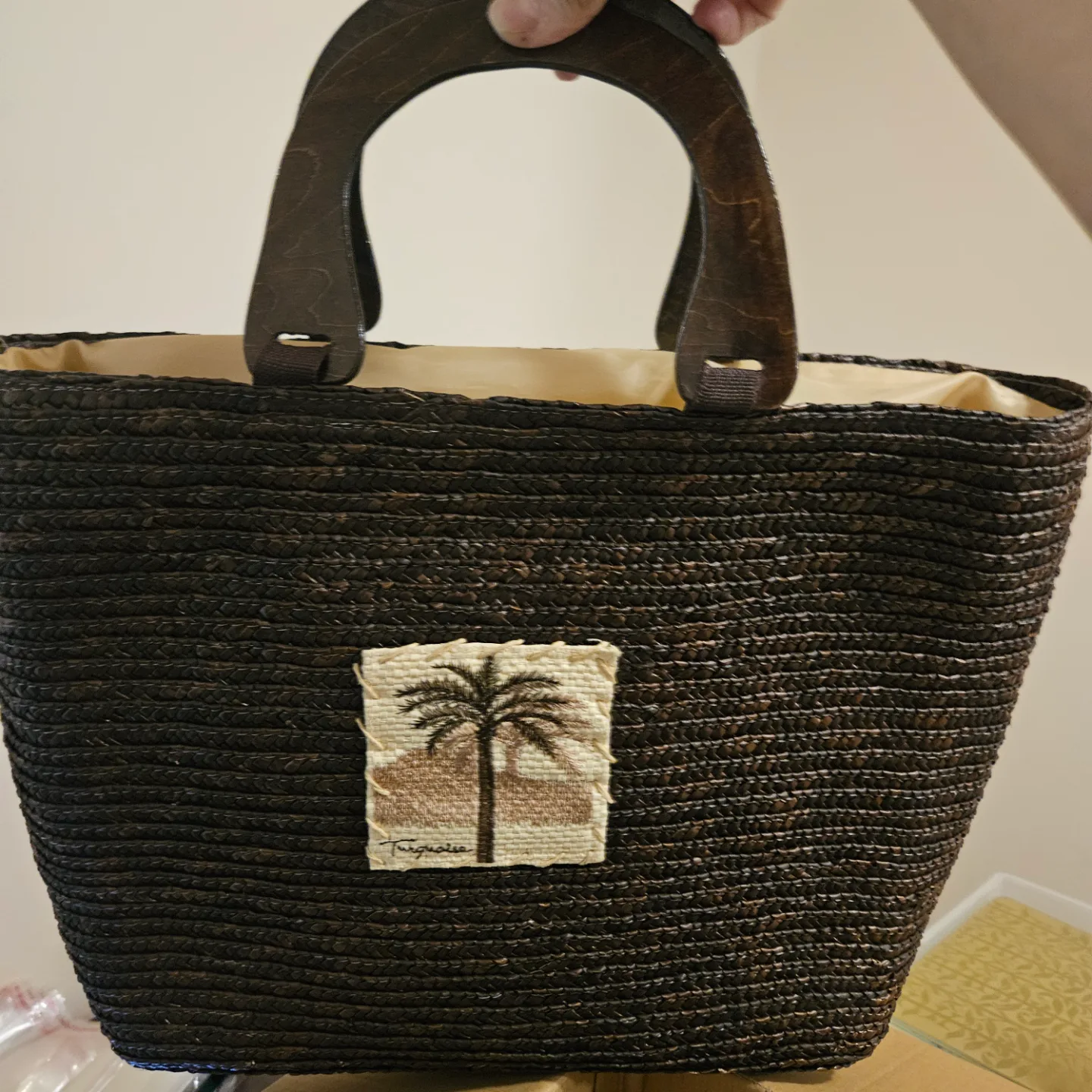 Brown Woven Tote Bag with Palm Tree Design thumbnail