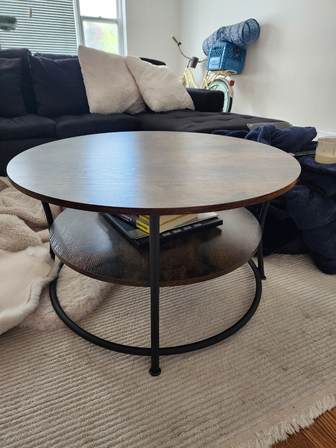 Round Two-Tier Coffee Table with Black Metal Frame