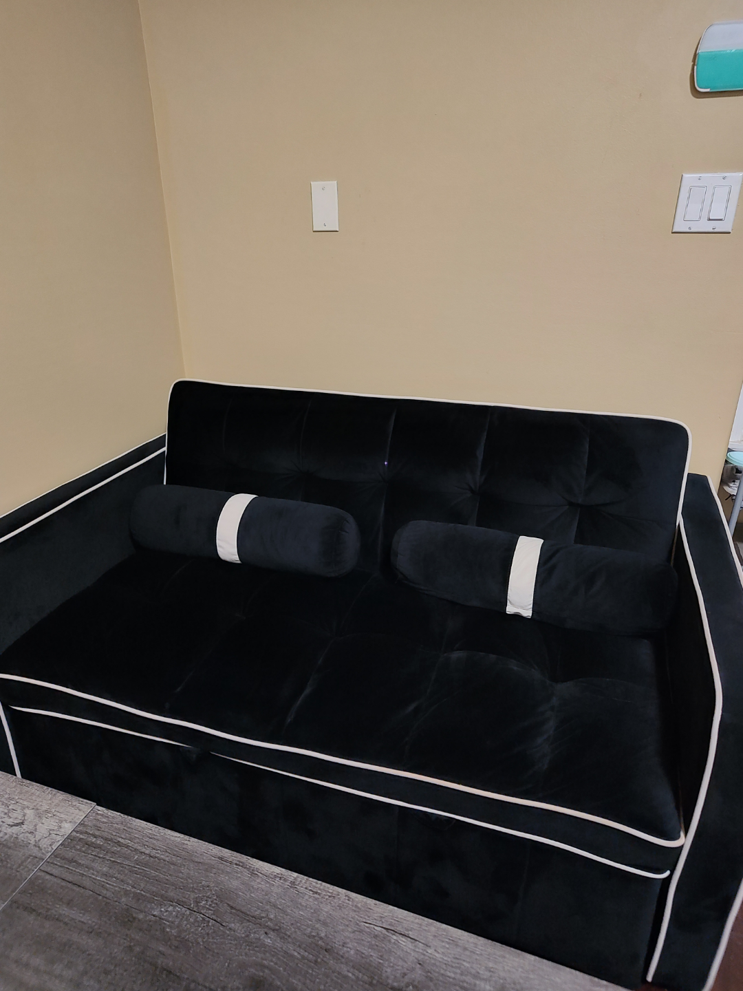 Black - Dark Blue Velvet Futon with Bolster Pillows