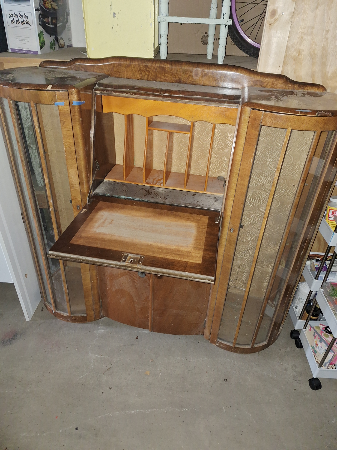 Vintage Wooden Secretary Desk with Glass Curio Cabinets