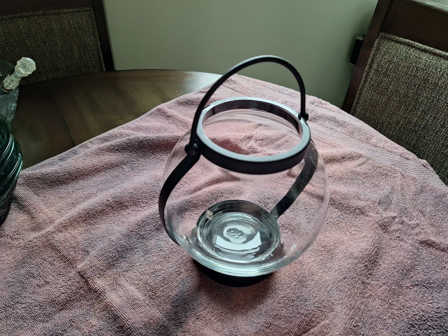 Glass candle lantern with metal handle thumbnail